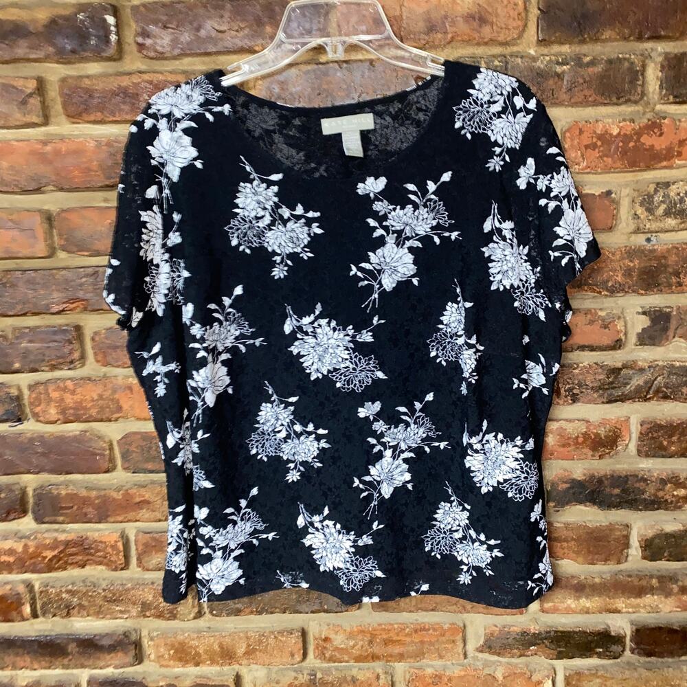 Kate Hill Black White Floral Lace Short Sleeve Blouse Women's Size 1X